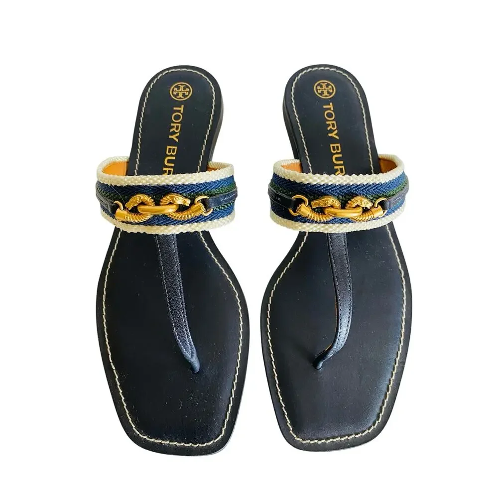 Tory Burch Jessa‎ Navy Leather Thong Sandals Dragon Chain Stripe Webbing 9.5